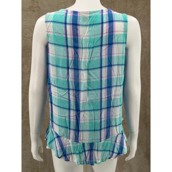 ana A New Approach Top Womens Medium Blue Purple Plaid Ruffle Sleeveless V-Neck - Picture 5 of 9